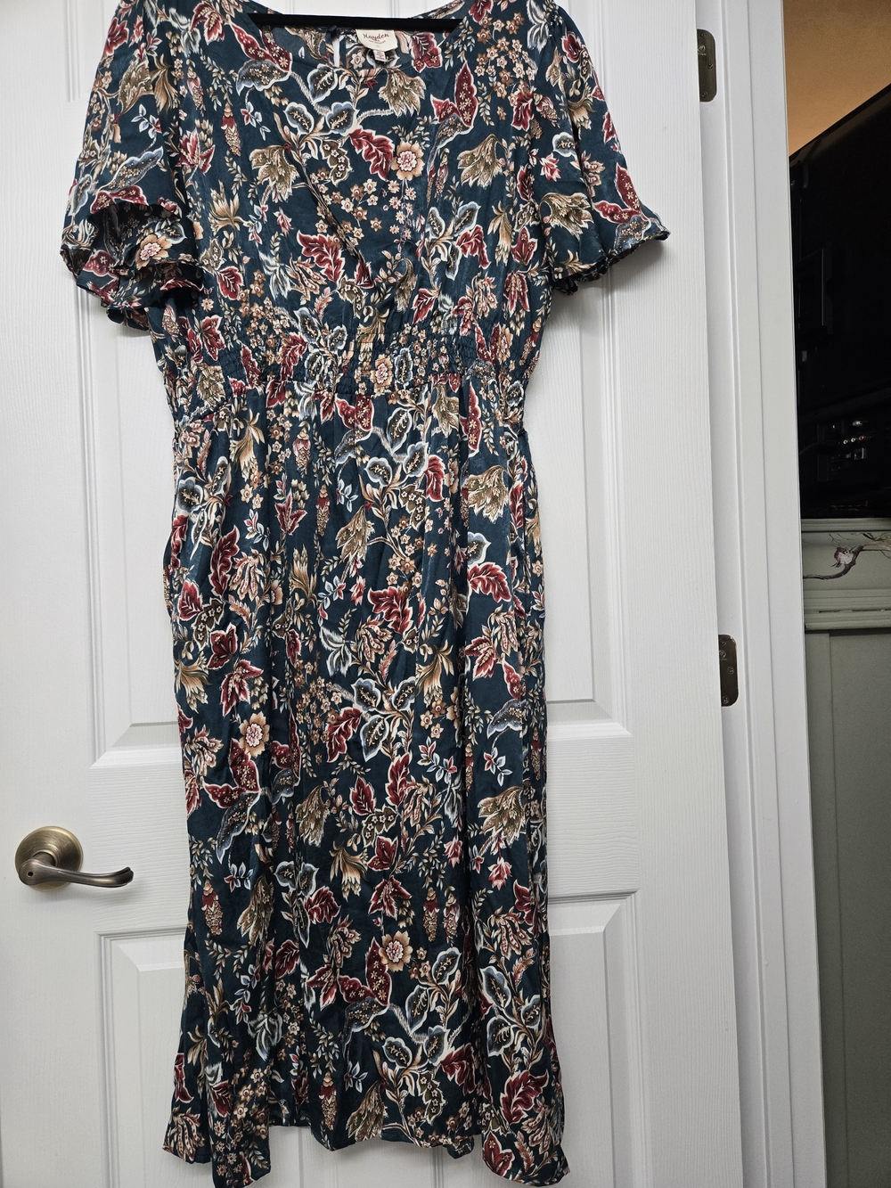 Hayden Dark Teal Satin Floral Midi Dress with Red and Cream Accents